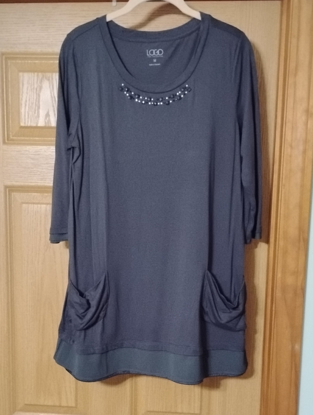 LOGO by Lori Goldstein Charcoal Gray Scoop-Neck Tunic with Beaded Trim Medium